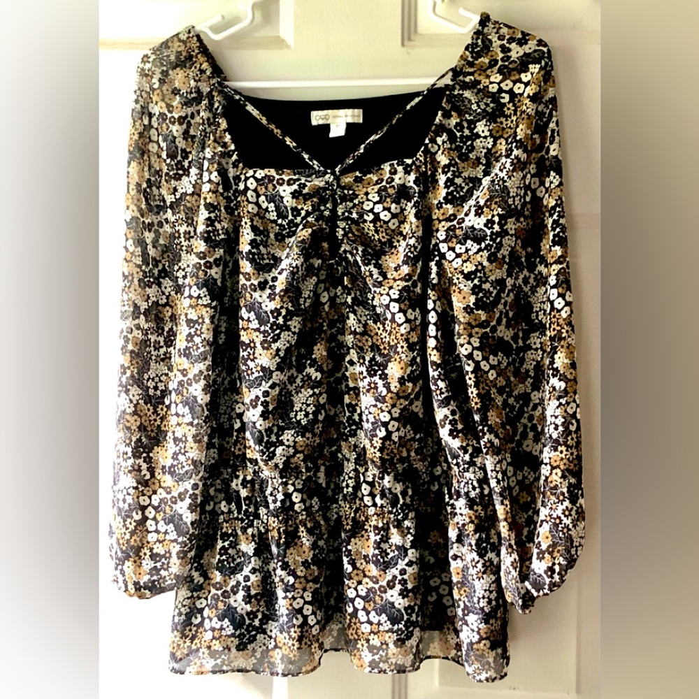Cato Est. 1946 Black Cream Brown Cross Front Sweetheart Puffed Sleeve Blouse XL